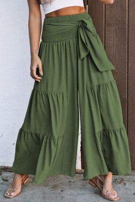 Green Lace up Smocked Waist Tiered Wide Leg Pants