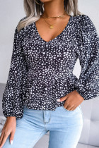 V Neck Leopard Print Bubble Sleeves Blouse