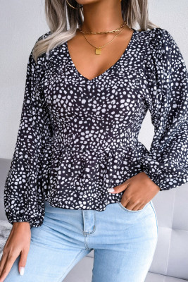 V Neck Leopard Print Bubble Sleeves Blouse