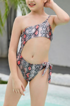 Snake Print One Shoulder Hollow Out Girl Swimsuit