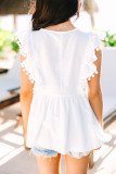 White Floral Embroidered Pompom Flutter Blouse