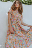 Sky Blue Floral Bubble Sleeve Smocked Flowy Ruffle Dress