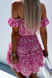 Rose Leopard Off Shoulder Buttoned Ruffled Mini Dress