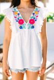White Floral Embroidered Pompom Flutter Blouse