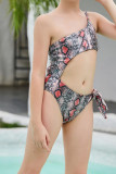 Snake Print One Shoulder Hollow Out Girl Swimsuit