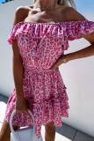 Rose Leopard Off Shoulder Buttoned Ruffled Mini Dress