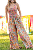 Sky Blue Boho Floral Smocked Sleeveless Wide-Leg Pocket Jumpsuit