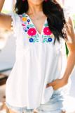 White Floral Embroidered Pompom Flutter Blouse