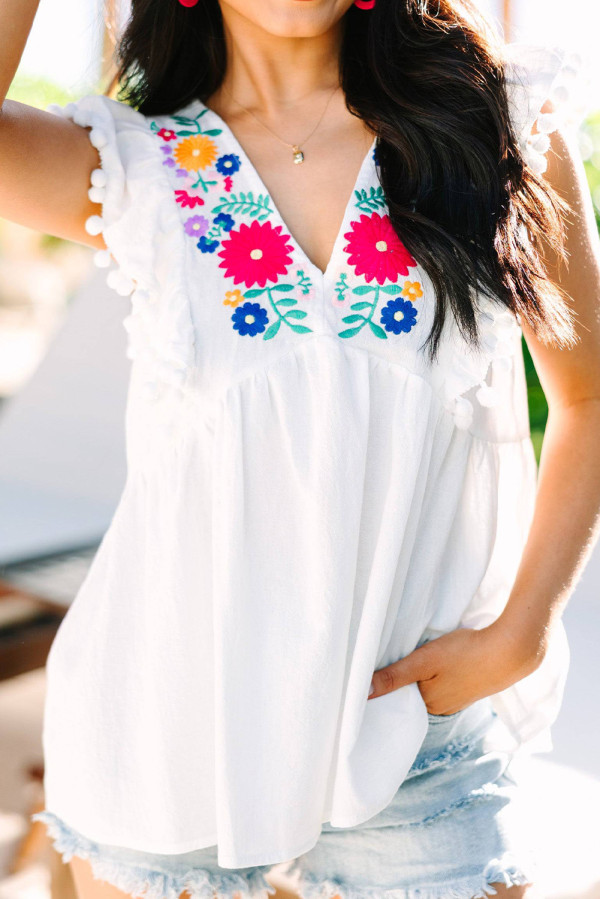 White Floral Embroidered Pompom Flutter Blouse
