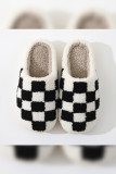 Black/White Checked Knit Fluffy Slippers