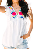 White Floral Embroidered Pompom Flutter Blouse