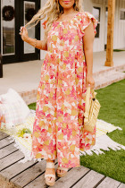 Orange Floral Print Shirred Ruffled Sleeveless Plus Size Dress
