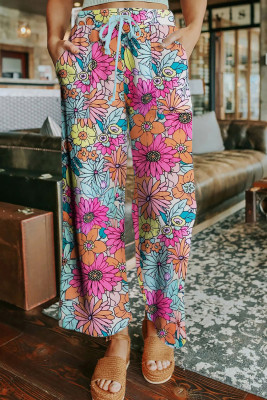 Multicolor Flower Print Pocketed Drawstring Waist Wide Leg Pants