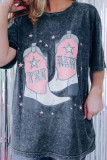 Black YEE HAW Boots Graphic Acid Wash Short Sleeve Top