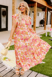 Orange Floral Print Shirred Ruffled Sleeveless Plus Size Dress