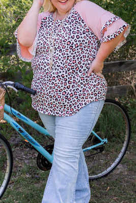 Pink Plus Size Ruffle Raglan Sleeve Leopard Top