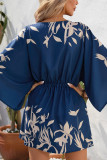 Open Button V Neck Drawstring Flare Sleeves Floral Dress
