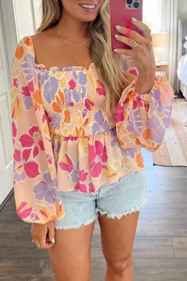 Pink Floral Print Smocked Long Sleeve Peplum Blouse