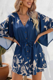 Open Button V Neck Drawstring Flare Sleeves Floral Dress