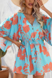 Open Button V Neck Drawstring Flare Sleeves Floral Dress