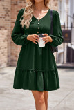 Button Puff Sleeves Splicing Plain Dress