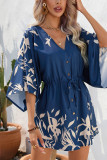 Open Button V Neck Drawstring Flare Sleeves Floral Dress