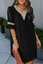 Black Lace Crochet Splicing V Neck Shift Dress