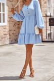 Button Puff Sleeves Splicing Plain Dress