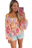Pink Floral Print Smocked Long Sleeve Peplum Blouse