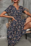 V Neck Smocked Waist Midi Floral Dress