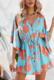 Open Button V Neck Drawstring Flare Sleeves Floral Dress