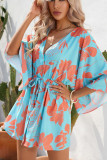 Open Button V Neck Drawstring Flare Sleeves Floral Dress
