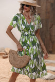 V Neck Smocked Waist Midi Floral Dress