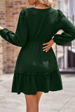 Button Puff Sleeves Splicing Plain Dress