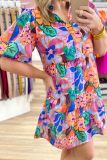 Multicolor Floral Print V Neck Puff Sleeve Mini Dress