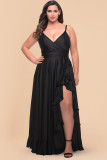 Black Ruffled Thigh High Slit Sleeveless Plus Size Evening Dress