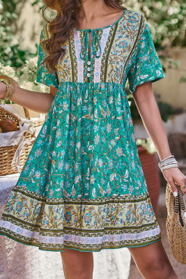 Green Buttoned Front Tie Bohemian Floral Dress