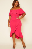 Rose Ruffled Off Shoulder High Low Plus Size Dress