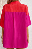 Rose Color Block Texture Striped Open Button Pocket Blouse