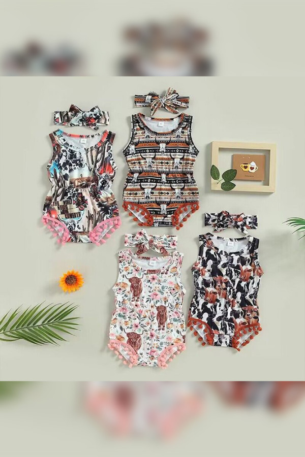 Western Style Bull Cactus Pompom 2PCS Set Baby Romper