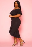 Black Ruffled Off Shoulder High Low Plus Size Dress