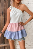 One Shoulder Color Block Tiered Dress