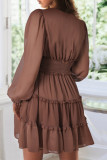 Brown Frill Smocked Detail Sheer Long Sleeve Dress