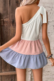 One Shoulder Color Block Tiered Dress