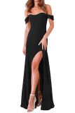 Black Thigh High Split Sheath Off Shoulder Evening Dress