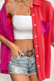 Rose Color Block Texture Striped Open Button Pocket Blouse