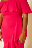 Rose Ruffled Off Shoulder High Low Plus Size Dress
