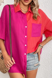 Rose Color Block Texture Striped Open Button Pocket Blouse