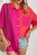 Rose Color Block Texture Striped Open Button Pocket Blouse