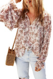 Pink Boho Floral Print Split V Neck Bubble Sleeve Blouse